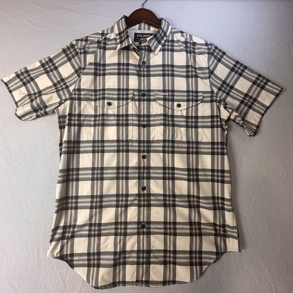 Filson Shirt Mens Small Cream Grey Black Plaid Outdoor Button Up Performance
